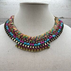 Beautiful Unsigned Colorful Knit Collar Bib Rhinestone Beaded Necklace
